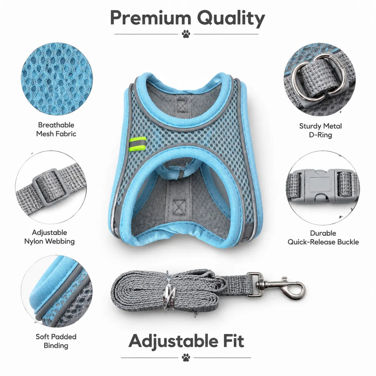 Breathable Mesh Pet Harness and Leash Set - Escape-Proof, No-Pull Vest with Reflective Strip for Small to Medium Dogs and Cats - Adjustable Soft Padded Design for Walking and Training