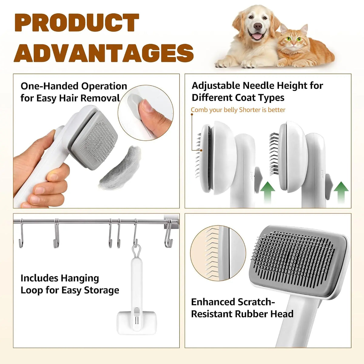 Dog & Cat Self-Cleaning Deshedding Slicker Comb - Universal 1-Click Release Brush for Shed Control, Easy Clean, No Hair Picking