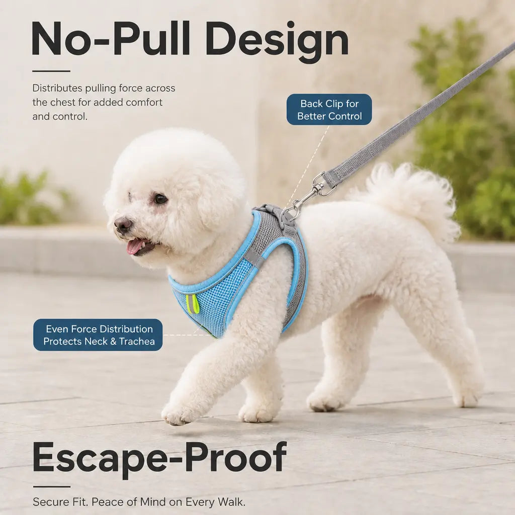 Breathable Mesh Pet Harness and Leash Set - Escape-Proof, No-Pull Vest with Reflective Strip for Small to Medium Dogs and Cats - Adjustable Soft Padded Design for Walking and Training
