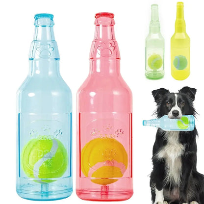 1Pc Dog Chew Toy with Tennis Ball, TPR Bottle-Shaped Interactive Dog Toy for Small Medium Dogs, Durable Fetch and Tug Toy for Indoor Outdoor Play, Puppy Teething, Exercise, Training and Boredom Relief