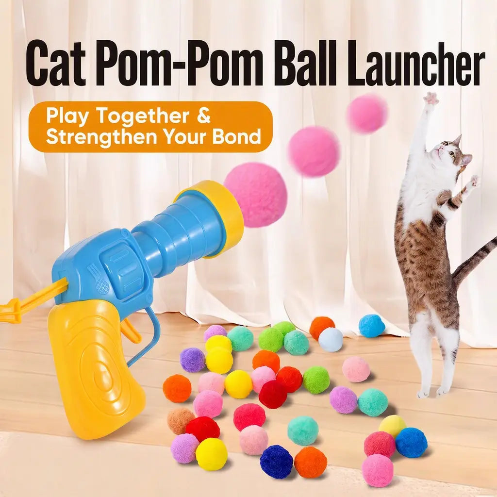 Cat Ball Launcher Toy, Interactive Cat Toys for Indoor Cats, 1 Launcher + 30 Soft Pom Pom Balls, No Batteries Needed, Plush Ball Shooter for Bored Indoor Adult Cats Kittens,Great Cat Lover Gift
