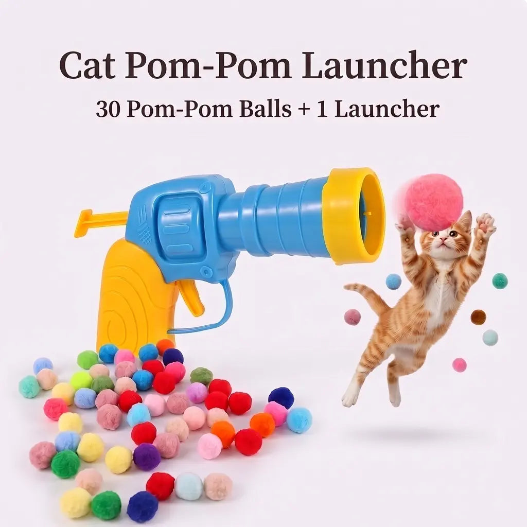 Cat Ball Launcher Toy, Interactive Cat Toys for Indoor Cats, 1 Launcher + 30 Soft Pom Pom Balls, No Batteries Needed, Plush Ball Shooter for Bored Indoor Adult Cats Kittens,Great Cat Lover Gift