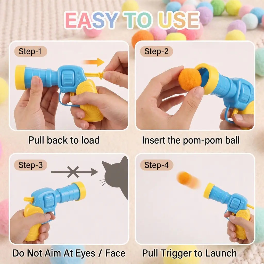 Cat Ball Launcher Toy, Interactive Cat Toys for Indoor Cats, 1 Launcher + 30 Soft Pom Pom Balls, No Batteries Needed, Plush Ball Shooter for Bored Indoor Adult Cats Kittens,Great Cat Lover Gift