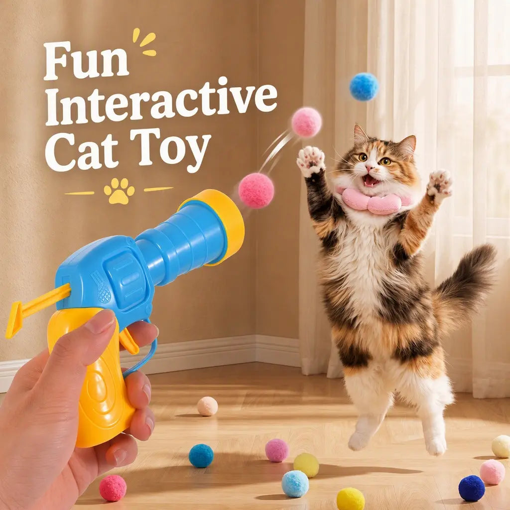 Cat Ball Launcher Toy, Interactive Cat Toys for Indoor Cats, 1 Launcher + 30 Soft Pom Pom Balls, No Batteries Needed, Plush Ball Shooter for Bored Indoor Adult Cats Kittens,Great Cat Lover Gift