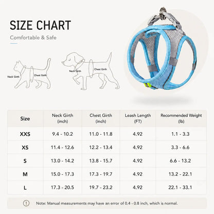 Breathable Mesh Pet Harness and Leash Set - Escape-Proof, No-Pull Vest with Reflective Strip for Small to Medium Dogs and Cats - Adjustable Soft Padded Design for Walking and Training