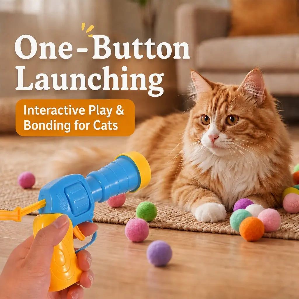 Cat Ball Launcher Toy, Interactive Cat Toys for Indoor Cats, 1 Launcher + 30 Soft Pom Pom Balls, No Batteries Needed, Plush Ball Shooter for Bored Indoor Adult Cats Kittens,Great Cat Lover Gift