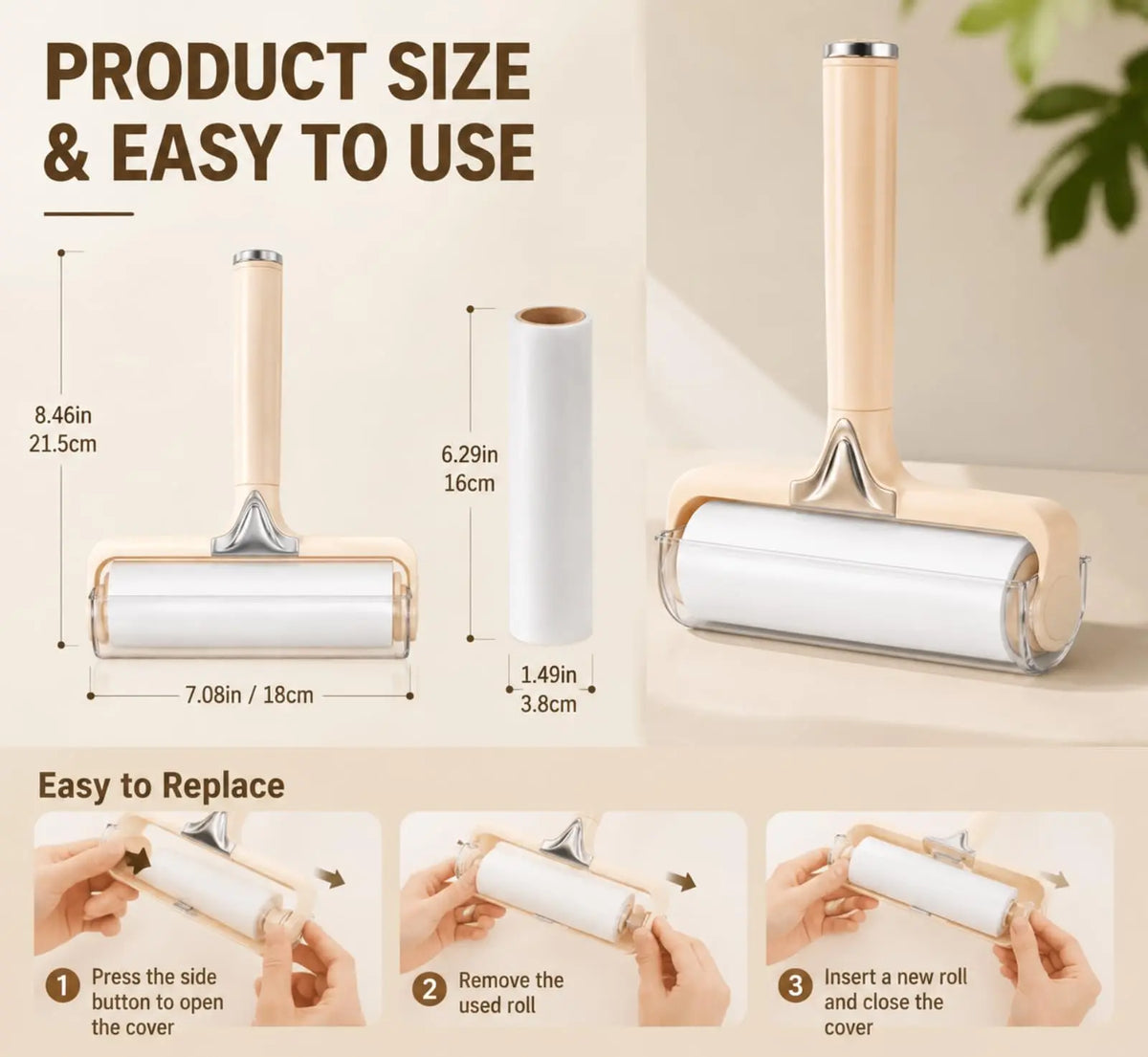 7In Portable Reusable Lint Roller for Pet Hair Removal - Sticky Roller, Fur Removal Tool, Fabric-Safe, Strong Adhesive, Easy-To-Clean Handle, Compact Deep Cleaning for Cats/Dogs (Adhesive Paper Included)